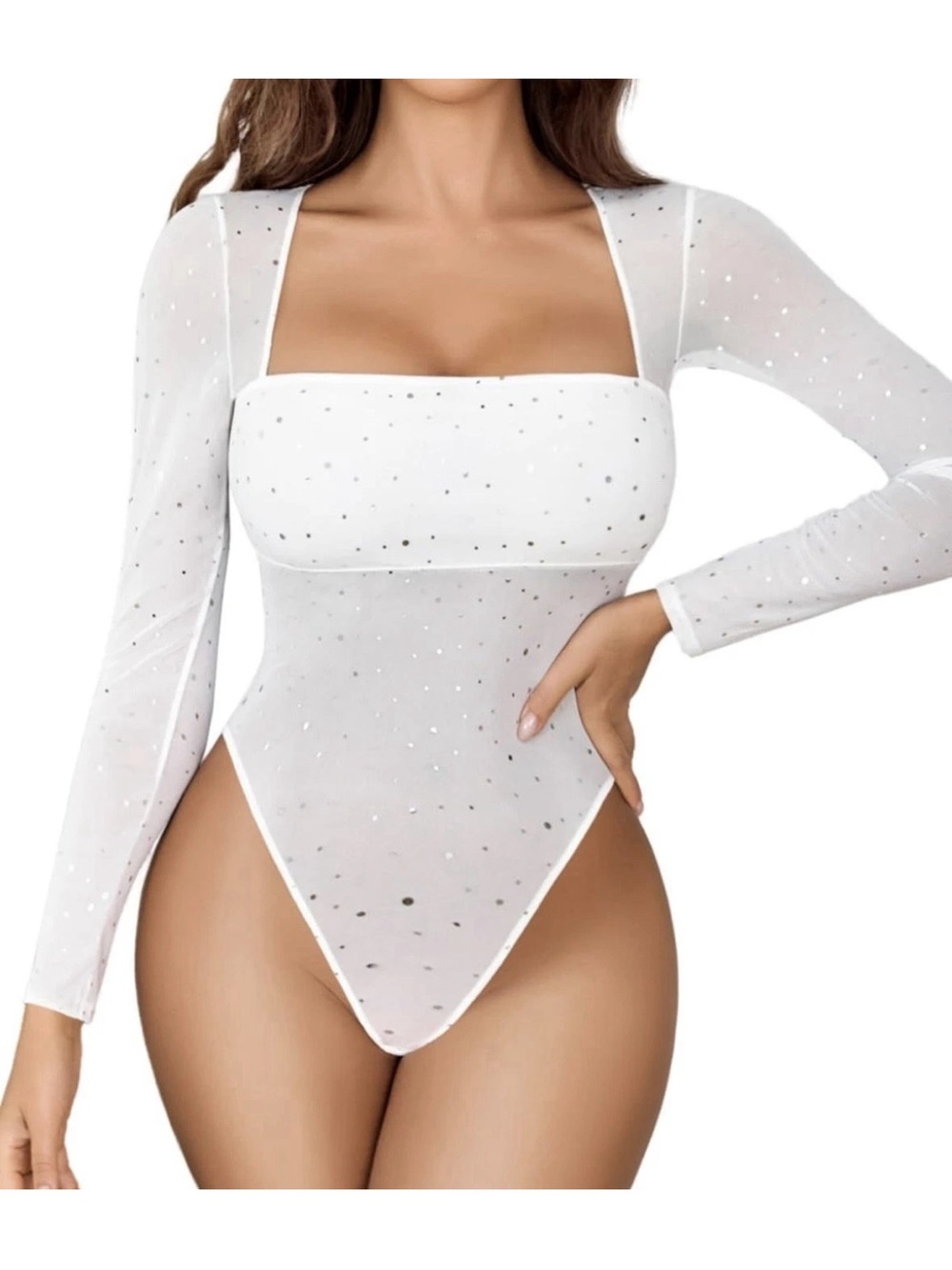 White Sheer Sparkle Long-Sleeve Bodysuit